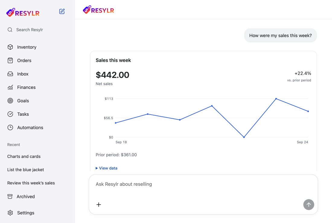 Resylr on the web showing sales, inventory, orders, and messages