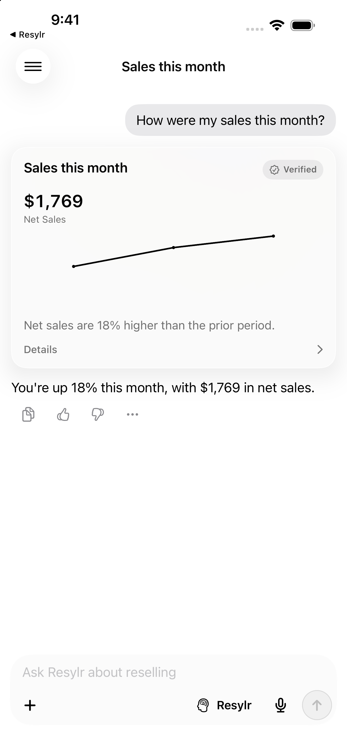 Resylr on iPhone answering a question about monthly sales