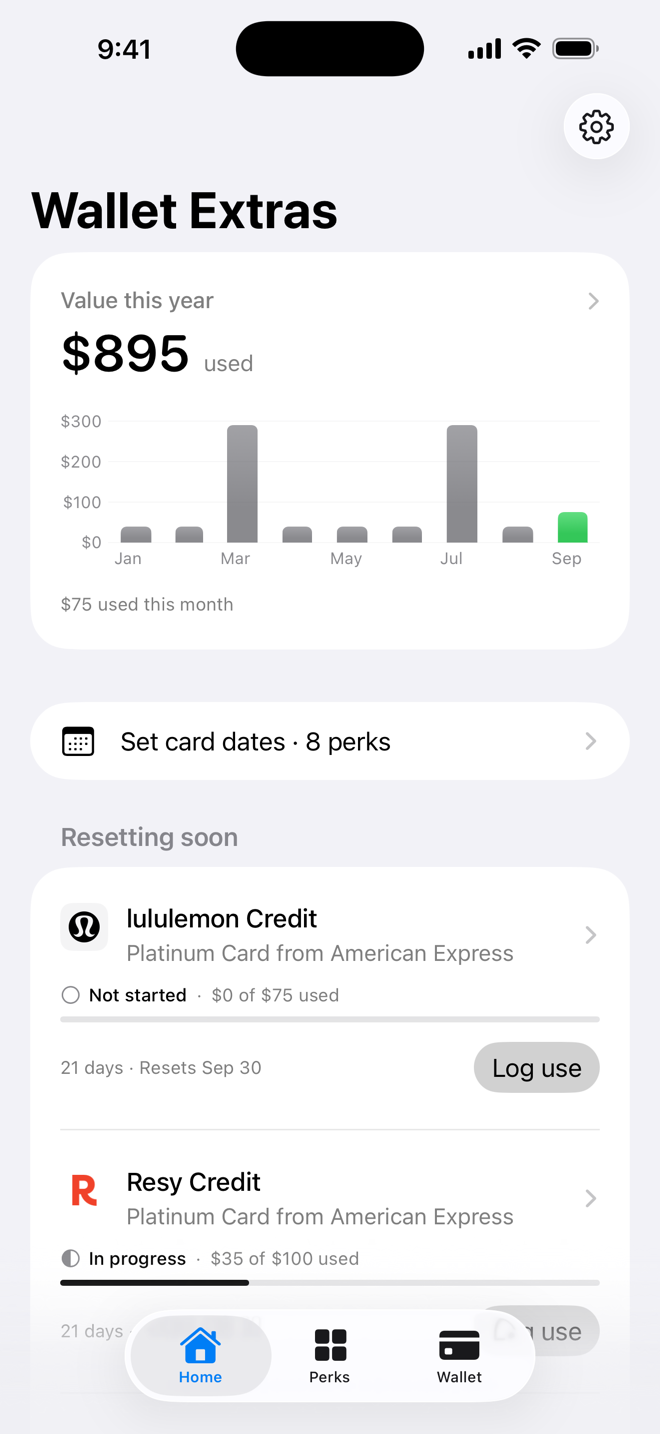 Wallet Extras showing credit card perks and upcoming resets