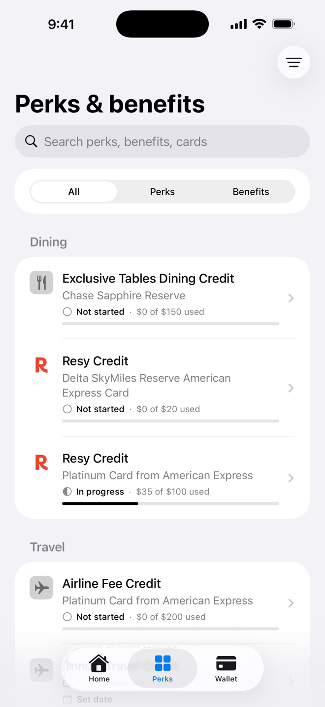 Wallet Extras organizing card benefits by category